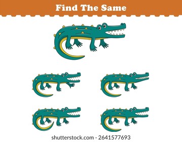 Funny cartoon crocodile. Find same pictures. Educational game for children. Cartoon vector illustration