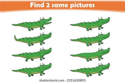 Gracioso cocodrilo de dibujos animados. Encuentra dos fotos iguales. Juego educativo para niños. Ilustración vectorial de dibujos animados