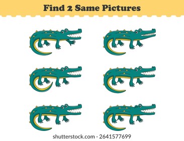 Funny cartoon crocodile. Find two same pictures. Educational game for children. Cartoon vector illustration
