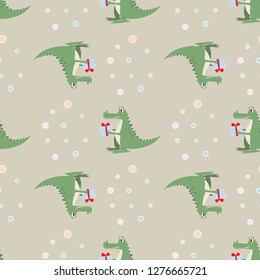 funny cartoon crocodile with a gift. seamless pattern