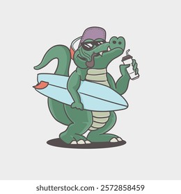 Funny cartoon crocodile holding a surfboard. Vector illustration