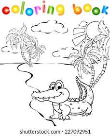 Funny cartoon crocodile near a river coloring book. Vector illustration for children