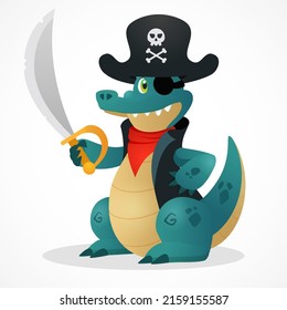 Funny cartoon crocodile pirate mascot holding saber. Flat animal character for fairytale and kid story. Captain hat with school