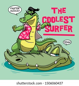 funny cartoon crocodile surfing illustration tee shirt wallpaper logo print graphic design