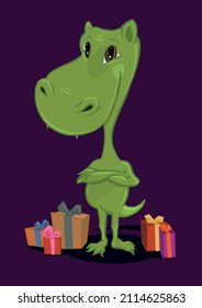 
Funny, Cartoon Crocodile, Vector Character, Illustration dragon with gifts, green dragon, gifts, new year, christmas, cartoon dragon, art