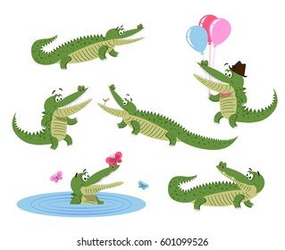 Funny cartoon crocodiles in natural position, on hind legs, in water with butterflies and with balloons in hat and bow tie isolated on white background. Friendly reptiles vector illustration.