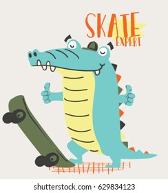 funny cartoon crocodille skater, illustration, vector