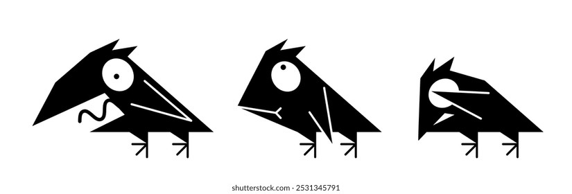 Lustige Cartoon-Krähe, schwarzer Vogel in verschiedenen Comic-Posen im Set. Raven-Charakter: Schreien in Schrecken, Brüten mit dummem, dummem Gesicht, Verstecken. Der Charakter eines verängstigten Vogels. Vektorgrafik. 