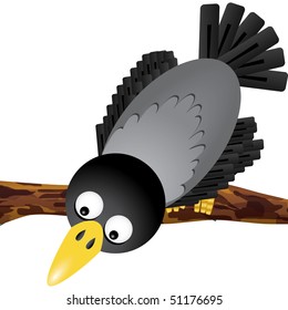 Funny cartoon crow looking down, vector illustration