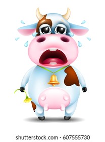 funny cartoon crying little cow with flower and golden bell