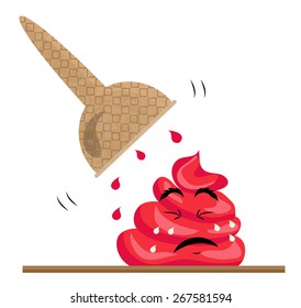 Funny cartoon with crying, red ice cream, white background