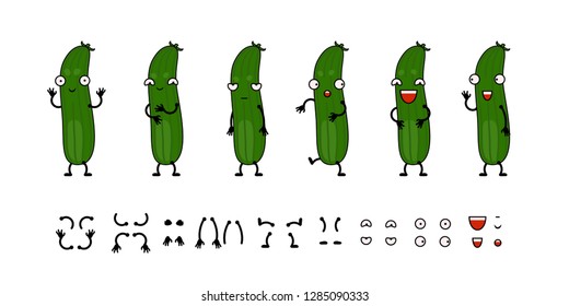 Funny cartoon cucumber character creation set vector illustration. Constructor with various gesture, emotion.