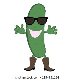 Funny cartoon cucumber with dark glasses and boots isolated with white background.
