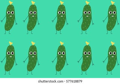 Funny cartoon cucumber pattern on a blue background. Fresh and bright vegetable - Vector Illustration