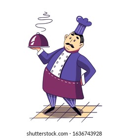 Funny cartoon culinary chef holds a dish in his hand. A cute illustration  creativity, inspiration, a hobby of a profession people in a modern flat style in purple-pink-blue colors.