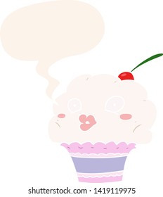 funny cartoon cupcake with speech bubble in retro style