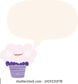 funny cartoon cupcake with speech bubble in retro style