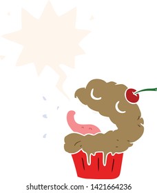 funny cartoon cupcake with speech bubble in retro style