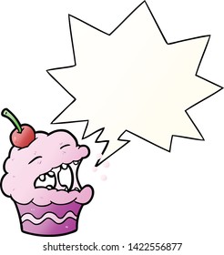 funny cartoon cupcake with speech bubble in smooth gradient style