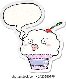 funny cartoon cupcake with speech bubble distressed distressed old sticker