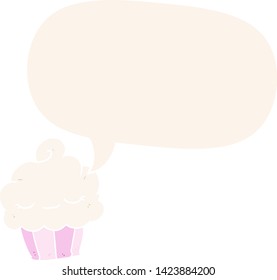 funny cartoon cupcake with speech bubble in retro style