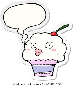 lustiger Cartoon-Cupcake mit Sprechblase-Aufkleber