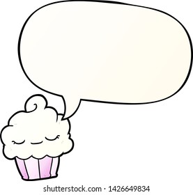 funny cartoon cupcake with speech bubble in smooth gradient style