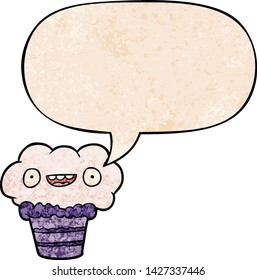 funny cartoon cupcake with speech bubble in retro texture style