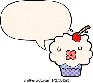 funny cartoon cupcake with speech bubble in comic book style