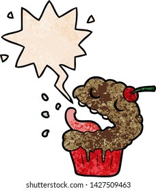 funny cartoon cupcake with speech bubble in retro texture style