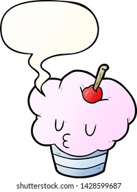 funny cartoon cupcake with speech bubble in smooth gradient style