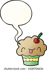 funny cartoon cupcake with speech bubble in smooth gradient style