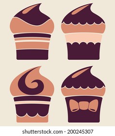 funny cartoon cupcakes collection in retro style
