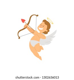 Funny cartoon cupid with bow and arrow. Vector illustration isolated on white background.