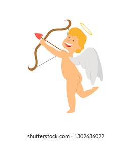 Funny cartoon cupid with bow and arrow. Vector illustration isolated on white background.