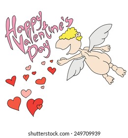 Funny cartoon Cupid flying and spreading small red hearts. 'Happy Valentine's day' lettering. Wedding or Valentine's day romantic illustration.