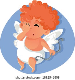 Funny Cartoon Cupid Making a Big Mistake. Love angel making funny gesture of frustration and regret
