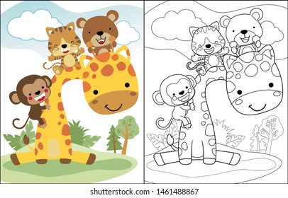 Funny cartoon of cute bear with tiger and monkey climbing giraffes neck. Coloring book or page