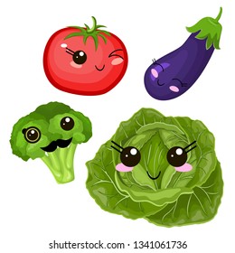 Funny cartoon cute beet, cabbage and ripe tomato. Purple eggplant. Funny face vector.