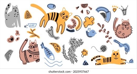 Funny cartoon cute cats, vector illustration. Doodle style. Hand drawn.