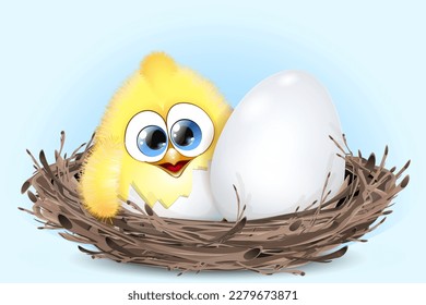 Funny cartoon cute Chick in eggshell and egg in birds nest