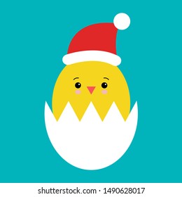 Funny cartoon cute chicken in santa s hat isolated on white background. Vector illustration