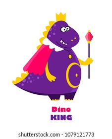 Funny cartoon, cute dinosaur. Dino king