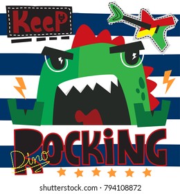 Funny cartoon, cute dinosaur showing rock and roll sign on navy blue striped background illustration vector.