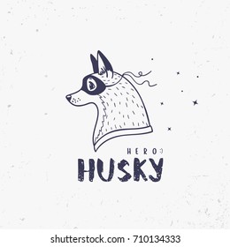 Funny cartoon cute dog husky with a mask on her face superhero. Vector illustration