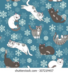 Funny cartoon cute gray white cats. Seamless pattern for children. Sleeping and playing kittens on the blue background. Winter texture. Snowflakes and snow illustration