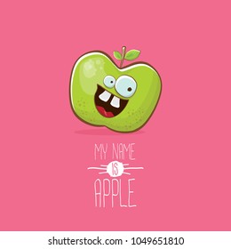funny cartoon cute green apple character isolated on pink background. My name is apple vector concept. vector super funky fruit summer food character