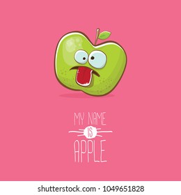 funny cartoon cute green apple character isolated on pink background. My name is apple vector concept. vector super funky fruit summer food character