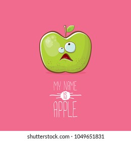 funny cartoon cute green apple character isolated on pink background. My name is apple vector concept. vector super funky fruit summer food character