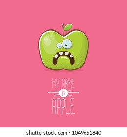 funny cartoon cute green apple character isolated on pink background. My name is apple vector concept. vector super funky fruit summer food character